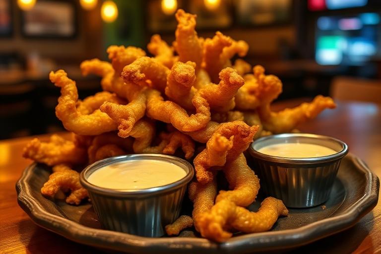 Photorealistic Texas-sized golden-fried blooming onion appetizer on a rustic plate with a ramekin of pale Cajun dipping